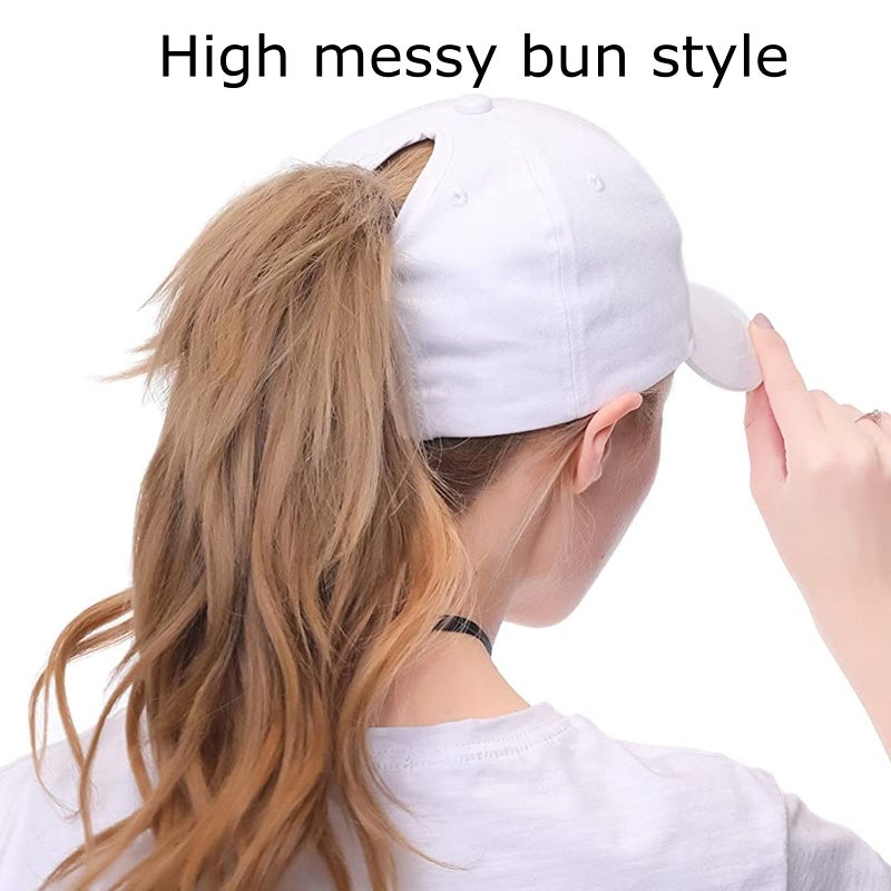 ProMindFun Womens Ponytail High Messy Bun Hats Distressed Baseball Caps Unconstructed Washed Dad Hat Girls Trucker Ponycaps (06-White) - Image 3